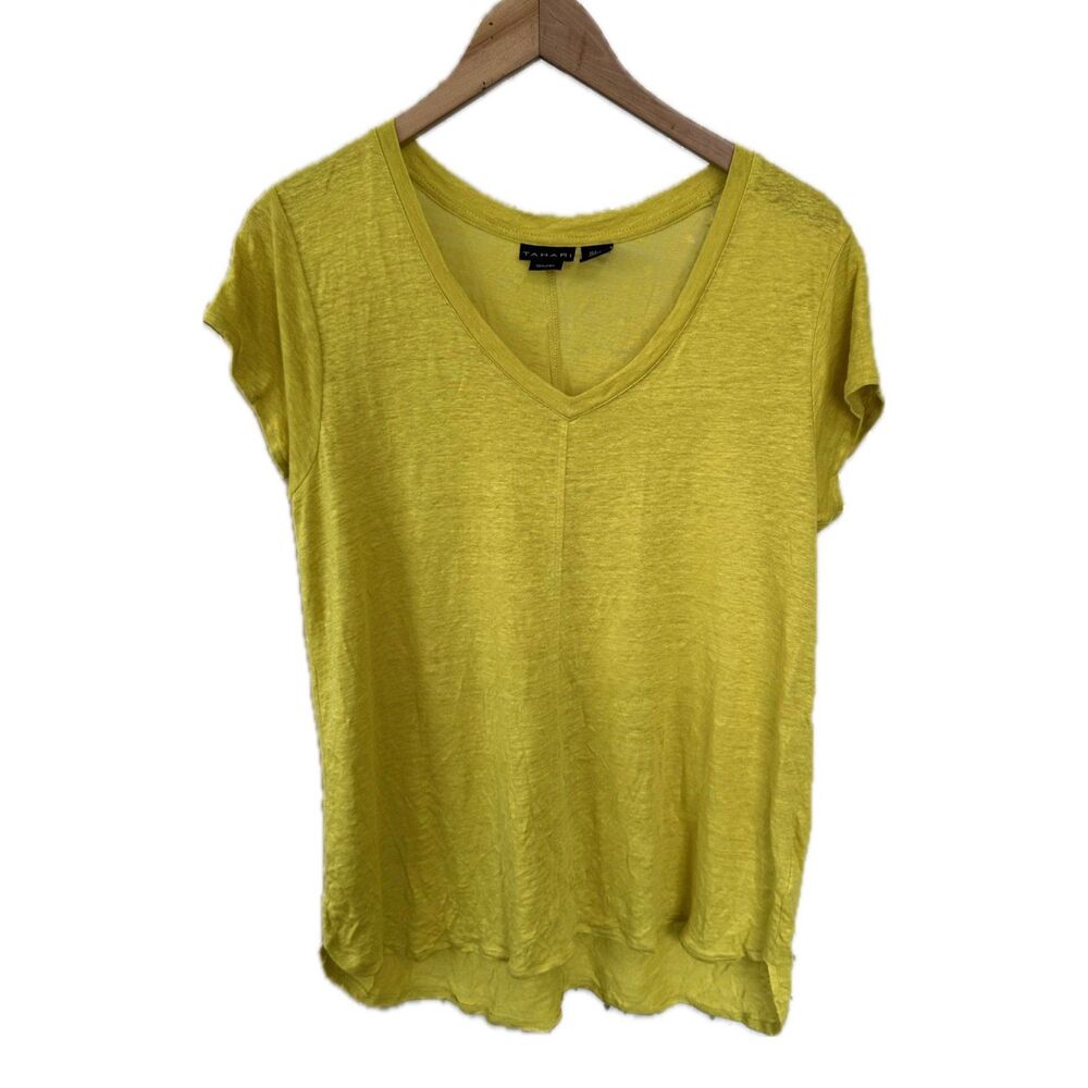 Tahari Women's 100% Linen Semi Sheer Yellow V Neck Hi-Lo Hem T-Shirt Blouse L